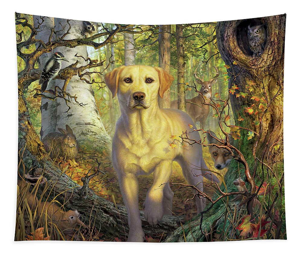 Labrador Tapestry featuring the digital art Yellow Lab in Fall by Mark Fredrickson