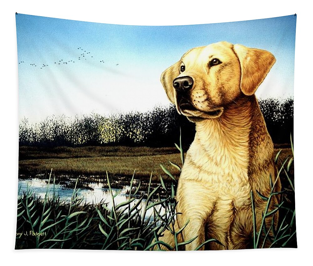Yellow Lab Tapestry featuring the painting Yellow Lab Portrait by Anthony J Padgett