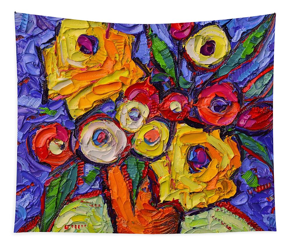 Rose Tapestry featuring the painting YELLOW ROSES AND WILDFLOWERS abstract impressionist impasto knife oil painting by ANA MARIA EDULESCU by Ana Maria Edulescu
