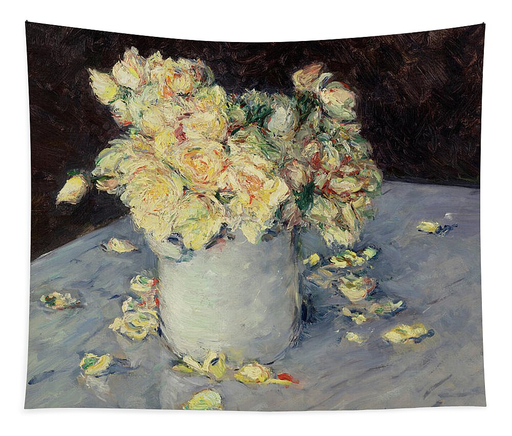 Yellow Roses Tapestry featuring the painting Yellow Roses in a Vase by Gustave Caillebotte 1882 by Movie Poster Prints