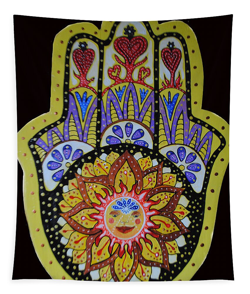 Yellow Hamsa Tapestry featuring the painting Yellow Sun by Patricia Arroyo