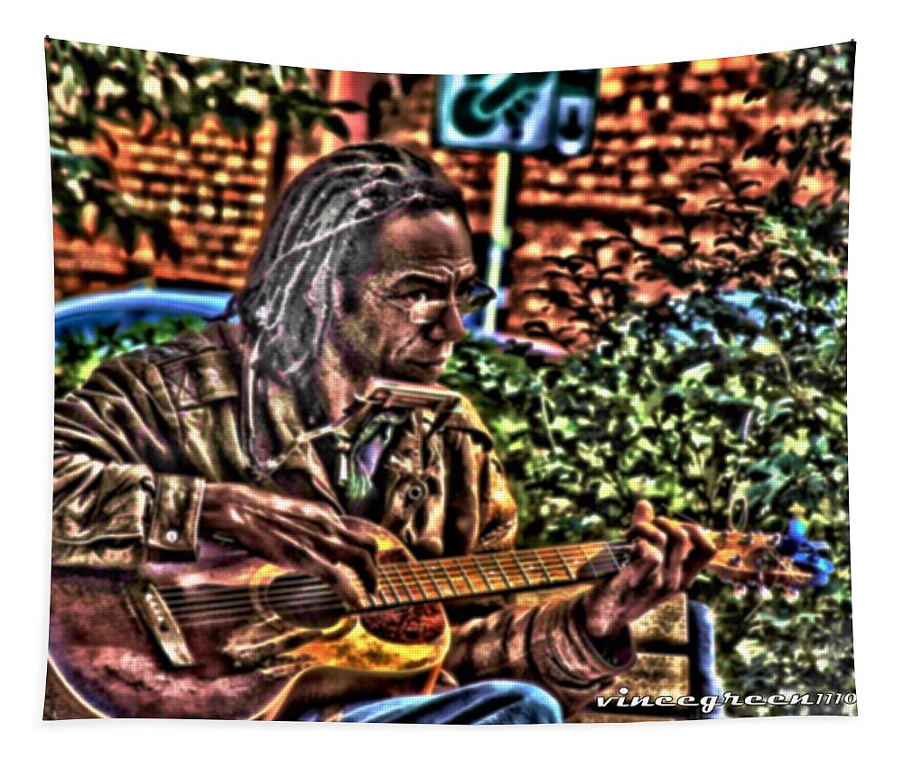 Street Musician Tapestry featuring the digital art You Playin' Me Man by Vincent Green