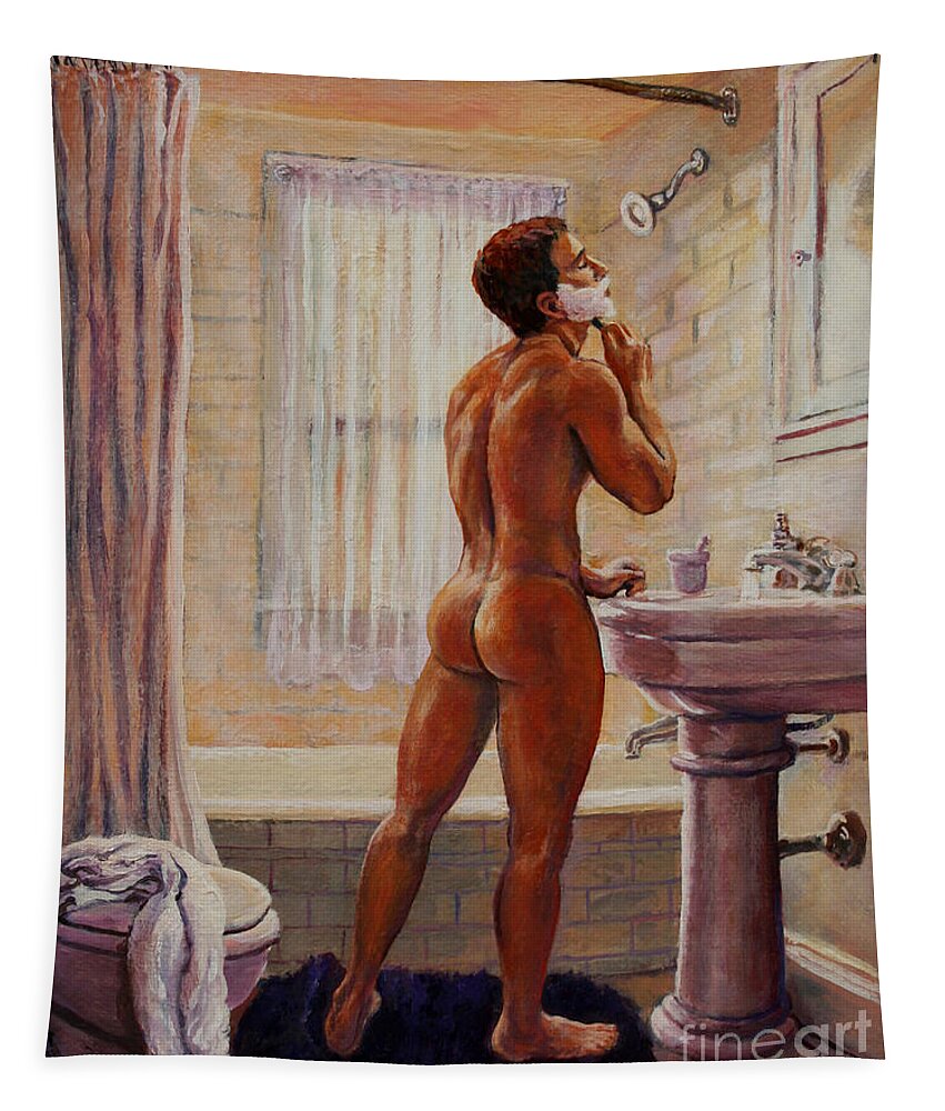 Bathroom Tapestry featuring the painting Young Man Shaving by Marc DeBauch