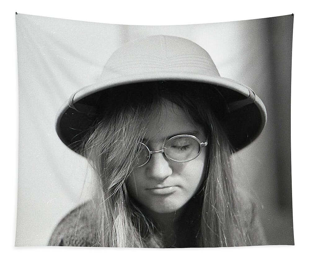 Pith Helmet Tapestry featuring the photograph Young Woman with Long Hair, Wearing a Pith Helmet, 1972 by Jeremy Butler