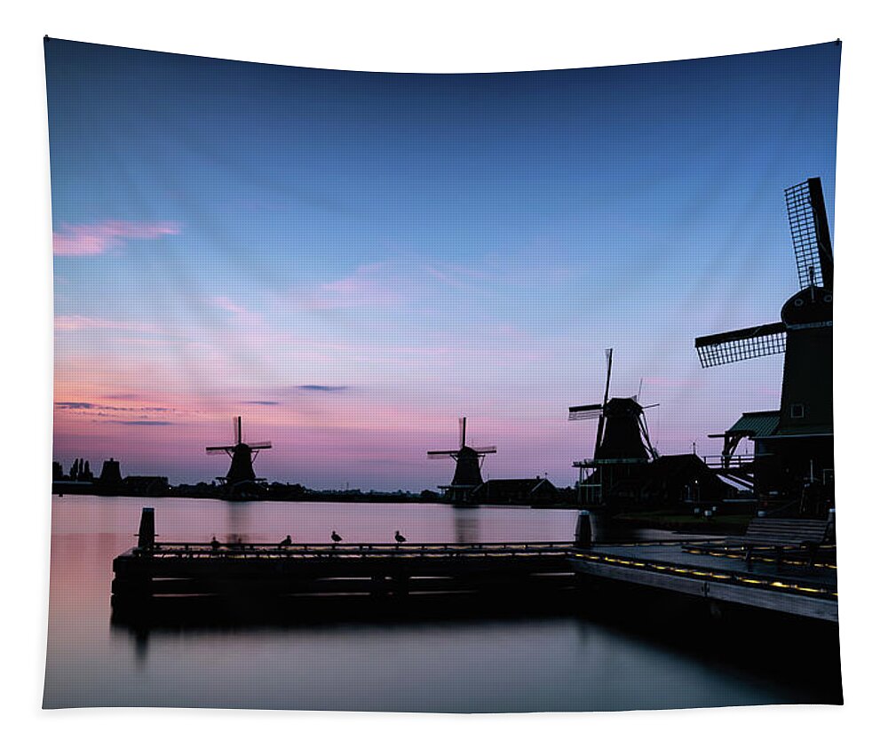 The Netherlands Tapestry featuring the photograph Zaanse Schans Silhouettes by Framing Places