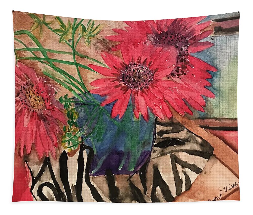 Watercolor Tapestry featuring the painting Zebra and Red Sunflowers by Dottie Visker