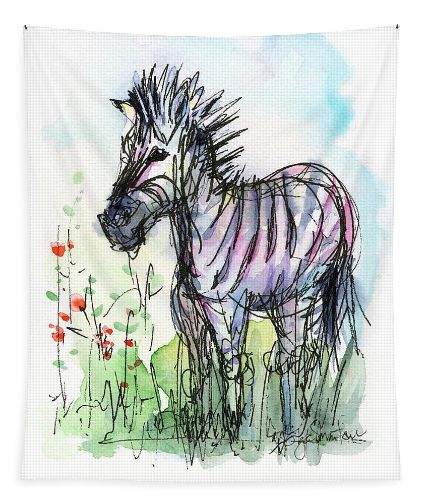 Zebra Tapestry featuring the painting Zebra Painting Watercolor Sketch by Olga Shvartsur