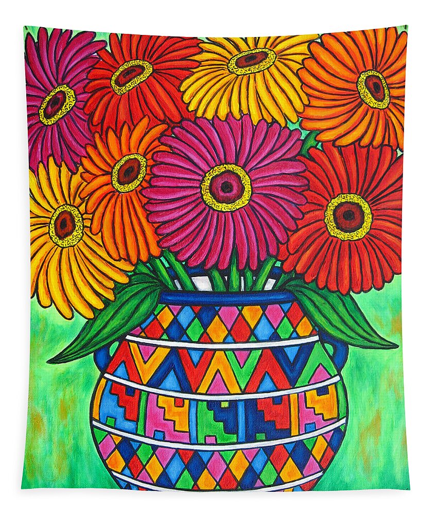Zinnia Tapestry featuring the painting Zinnia Fiesta by Lisa Lorenz