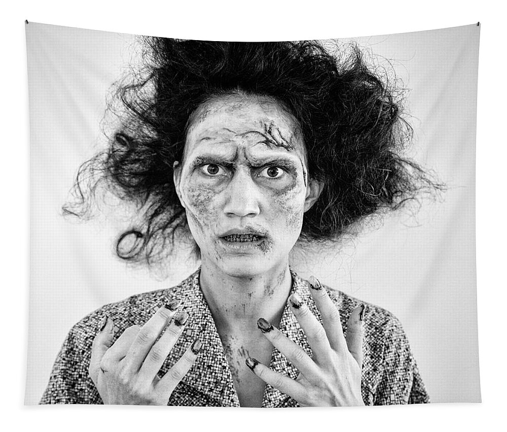 Zombie Tapestry featuring the photograph Zombie woman portrait black and white by Matthias Hauser