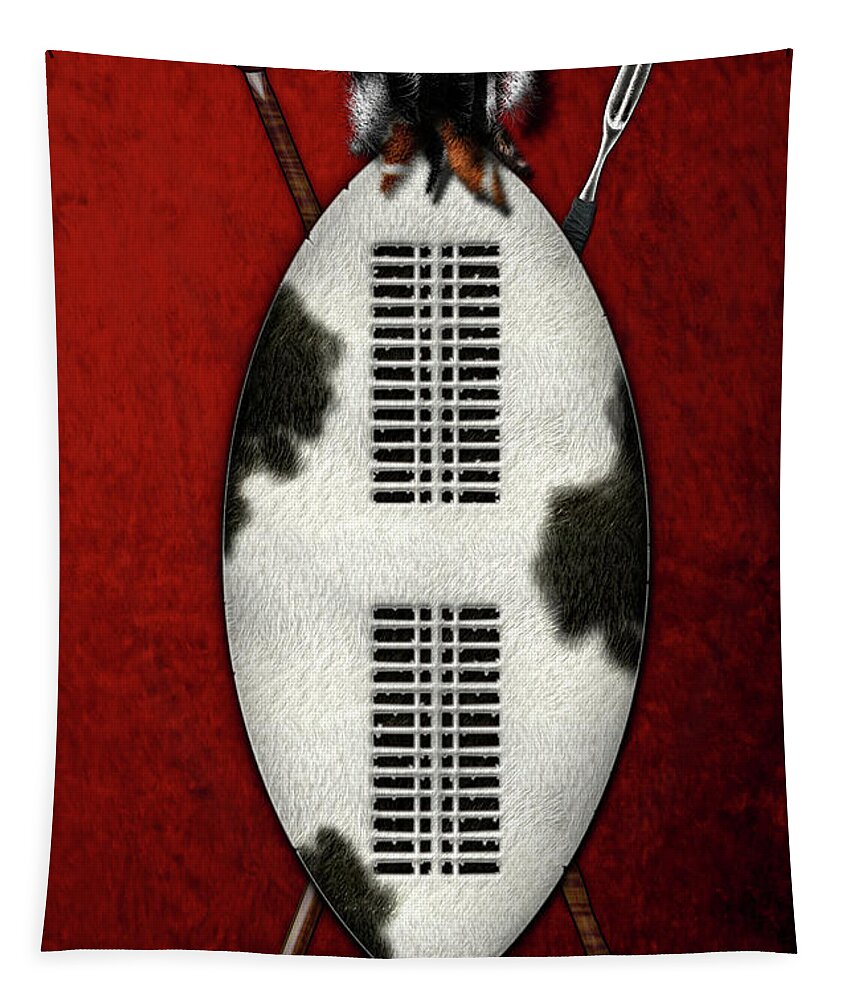 'war Shields' Collection By Serge Averbukh Tapestry featuring the digital art Zulu War Shield with Spear and Club on Red Velvet by Serge Averbukh