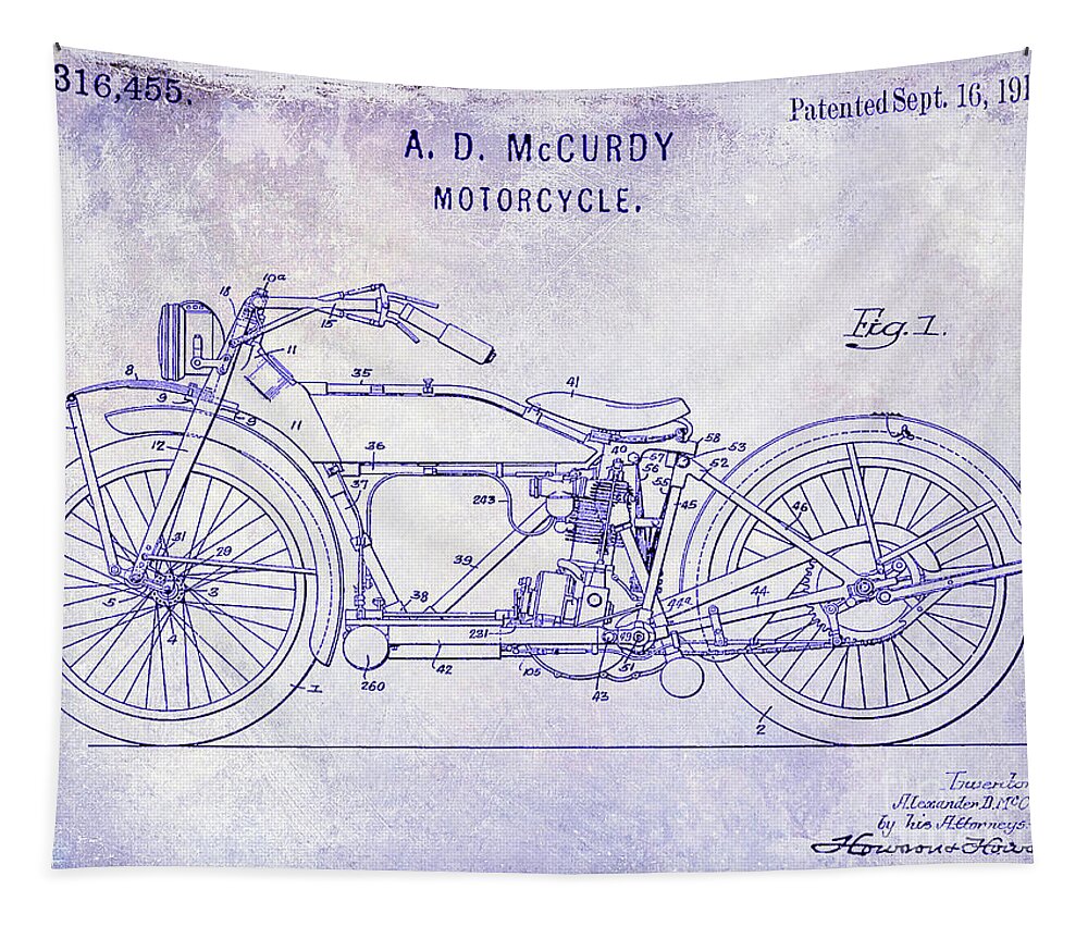 Harley Davidson Patent Drawing Tapestry featuring the photograph 1919 Motorcycle Patent Blueprint by Jon Neidert
