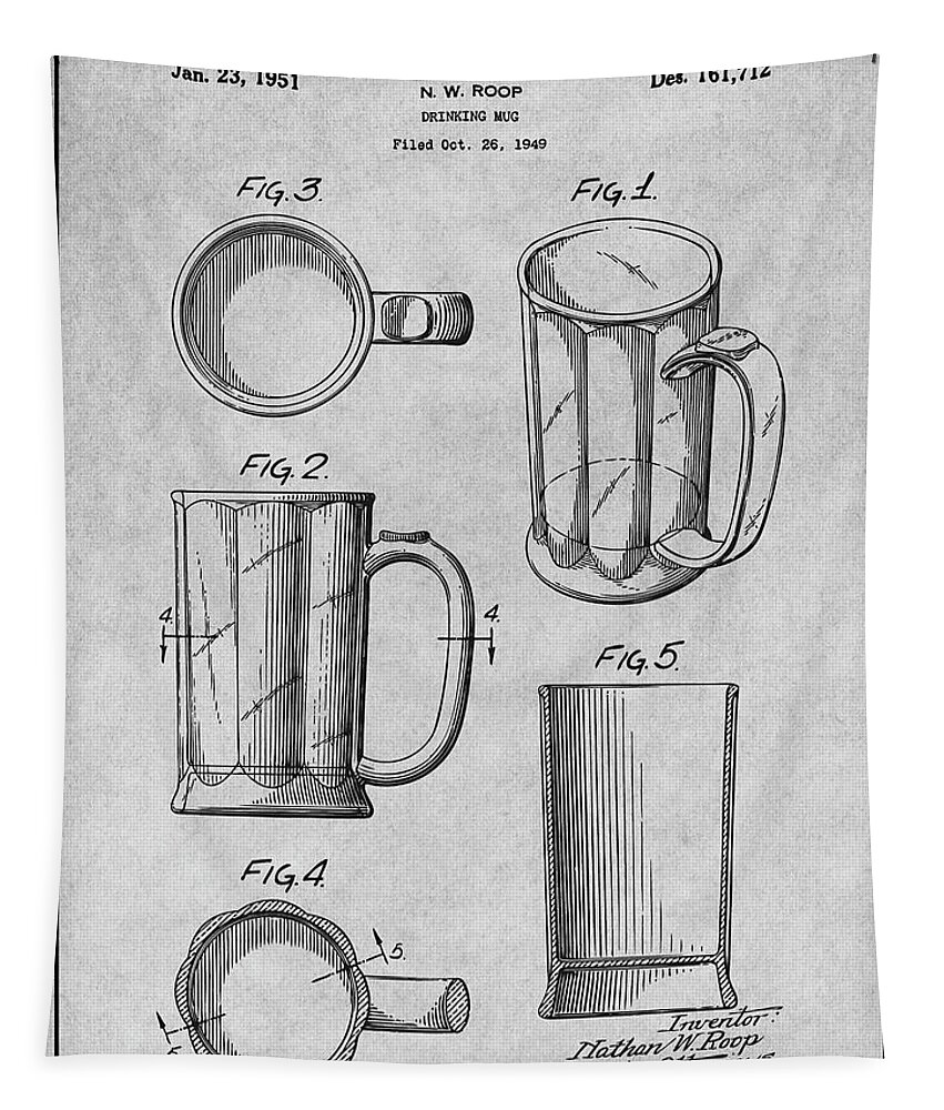 1949 Beer Mug Patent Print Tapestry featuring the drawing 1949 Beer Mug Gray Patent Print by Greg Edwards