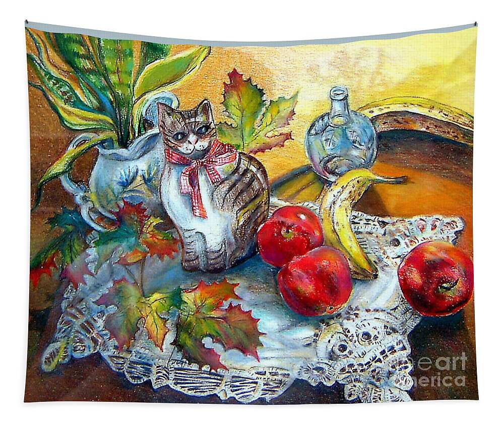 Ceramic Tapestry featuring the painting Apple Cat by Linda Shackelford