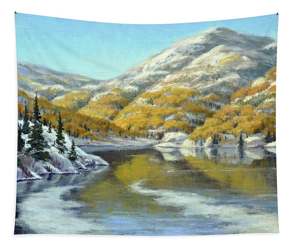 Landscape Tapestry featuring the painting Aspens First Snow by Rick Hansen