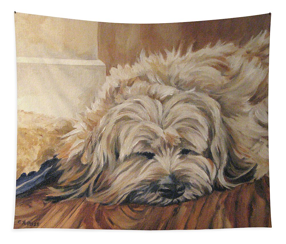 Pet Portrait Tapestry featuring the painting Bosley's Nap #1 by Cheryl Pass