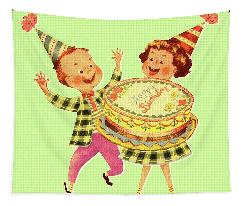 Accessories Tapestry featuring the drawing Boy and Girl With Birthday Cake #1 by CSA Images