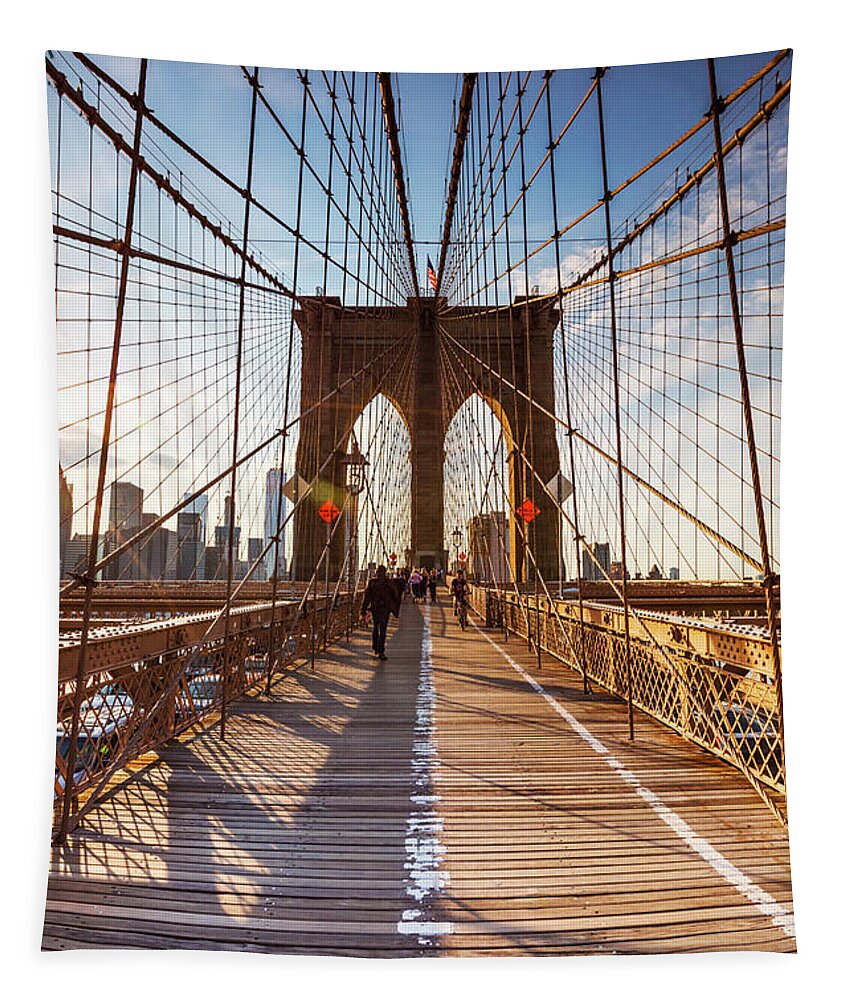 Brooklyn Bridge Tapestry featuring the photograph Brooklyn bridge at sunset, New York, USA #1 by Matteo Colombo
