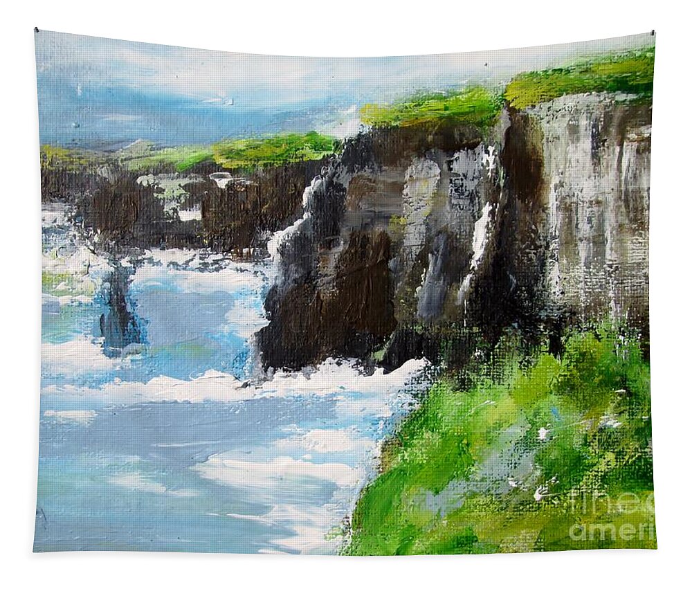 Cliffs Of Moher County Clare Ireland Tapestry featuring the painting Cliffs of moher painting ireland #1 by Mary Cahalan Lee - aka PIXI