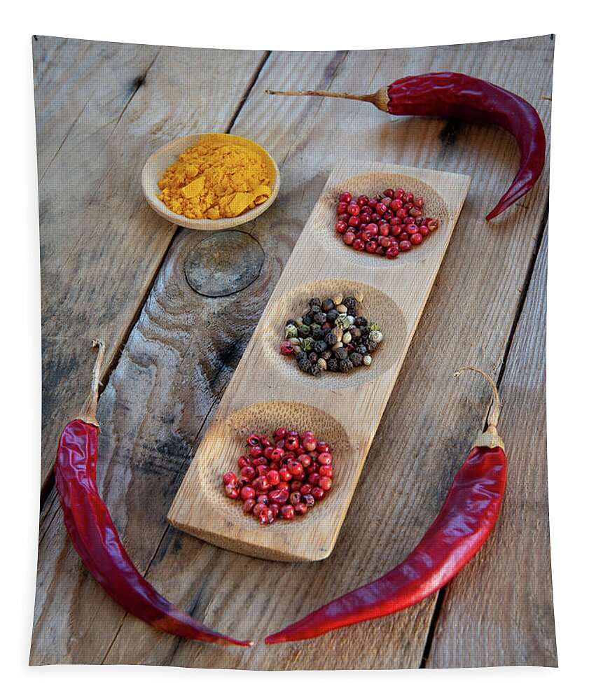 Spice Tapestry featuring the photograph Collection of aromatic herbal peeper spices #1 by Michalakis Ppalis