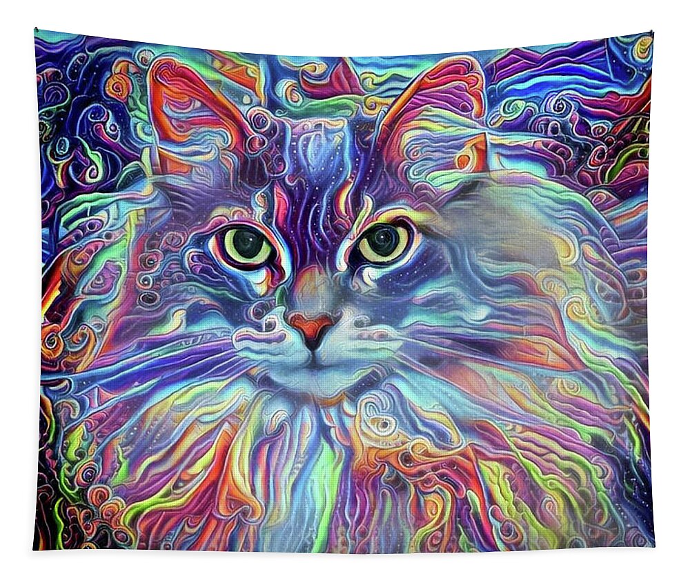 Long Haired Cat Tapestry featuring the digital art Colorful Long Haired Cat Art by Peggy Collins