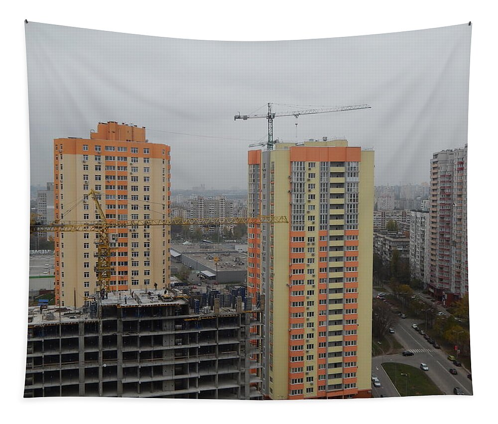 Building Tapestry featuring the photograph Construction of a multi-storey residential building, new buildin #1 by Oleg Prokopenko