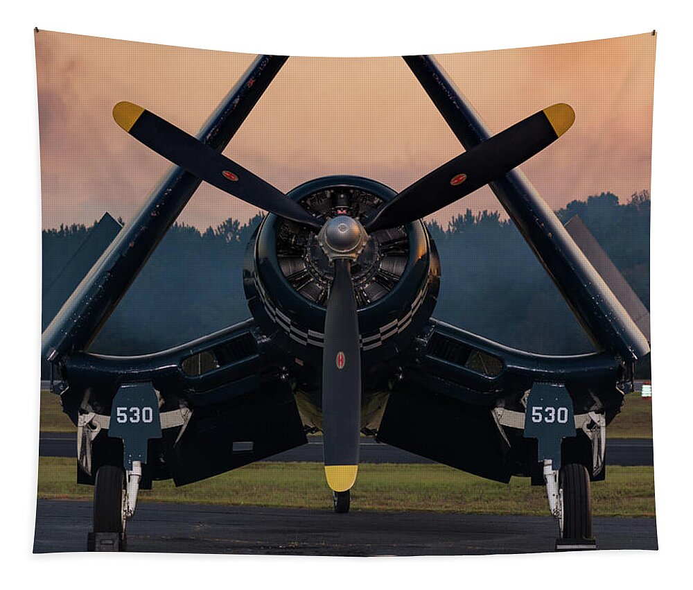 F4u Tapestry featuring the photograph Corsair at Dusk #2 by Chris Buff