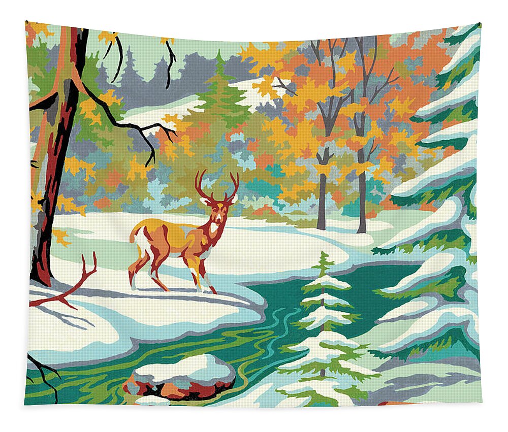 Activity Tapestry featuring the drawing Deer in the snow #1 by CSA Images