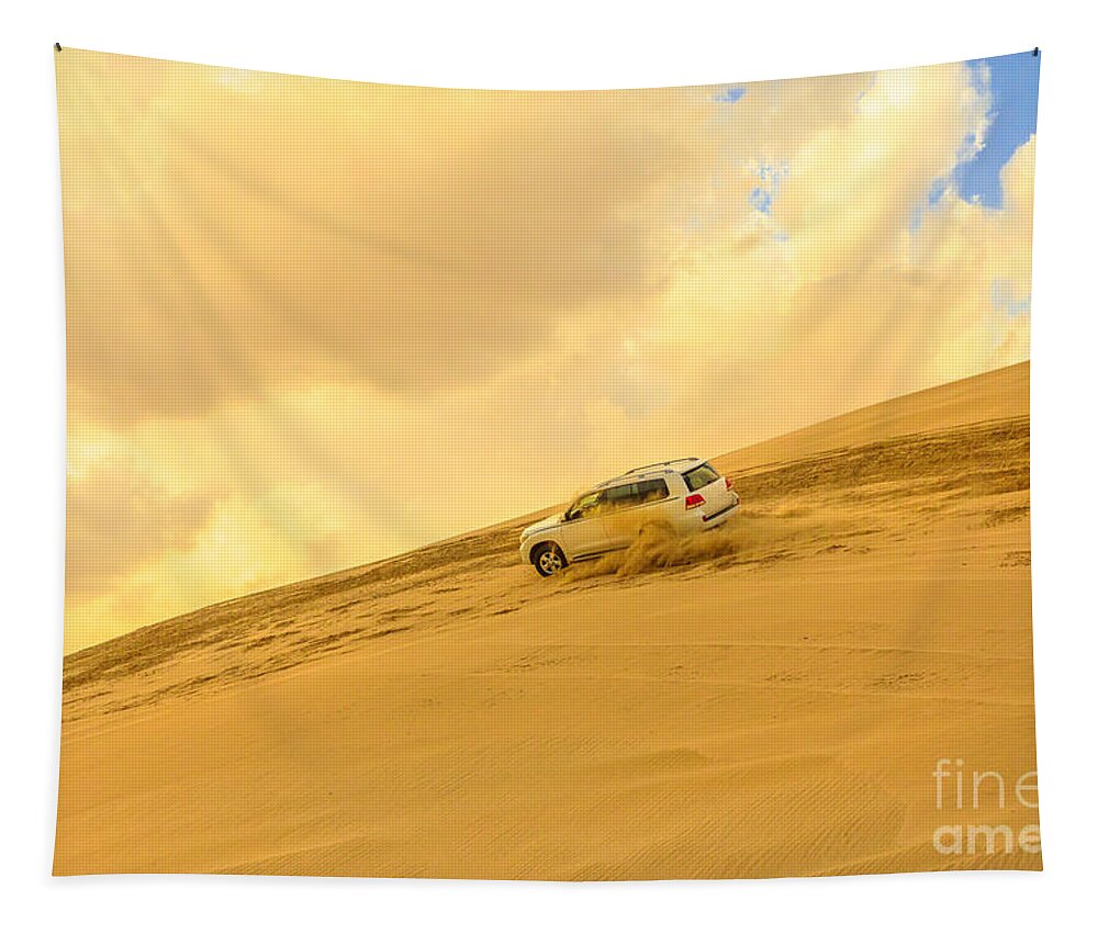 Dune Bashing Tapestry featuring the photograph Dune Bashing desert safari #1 by Benny Marty