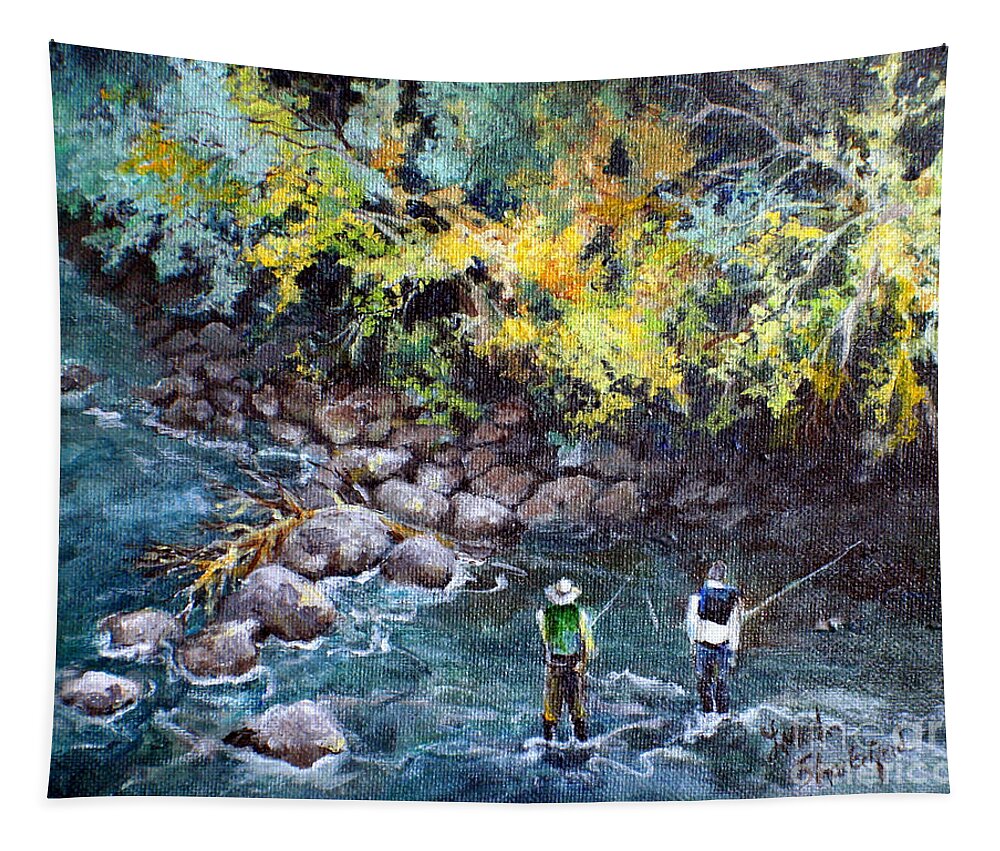 Fishermen Tapestry featuring the painting Fly Fishing by Linda Shackelford