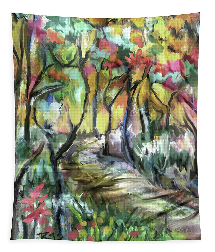 Colorful Forest Tapestry featuring the digital art Forest Path #1 by Jean Batzell Fitzgerald