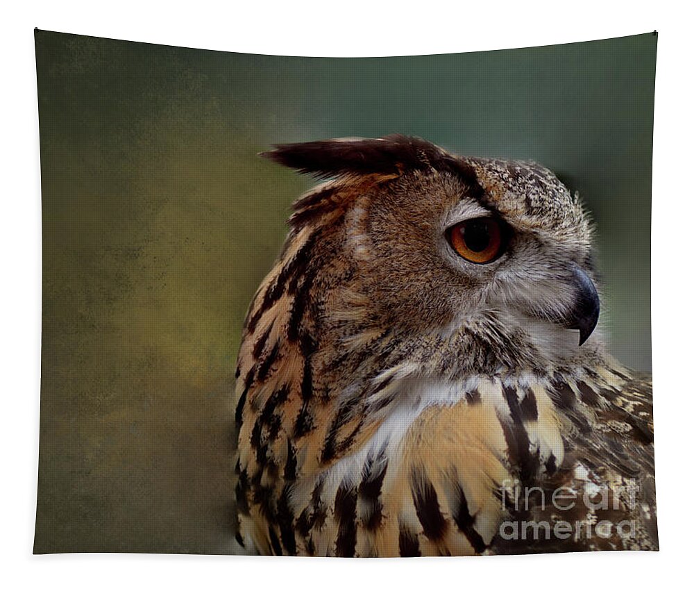 Great Horned Owl Tapestry featuring the photograph Hoo Goes There by Kathy Kelly