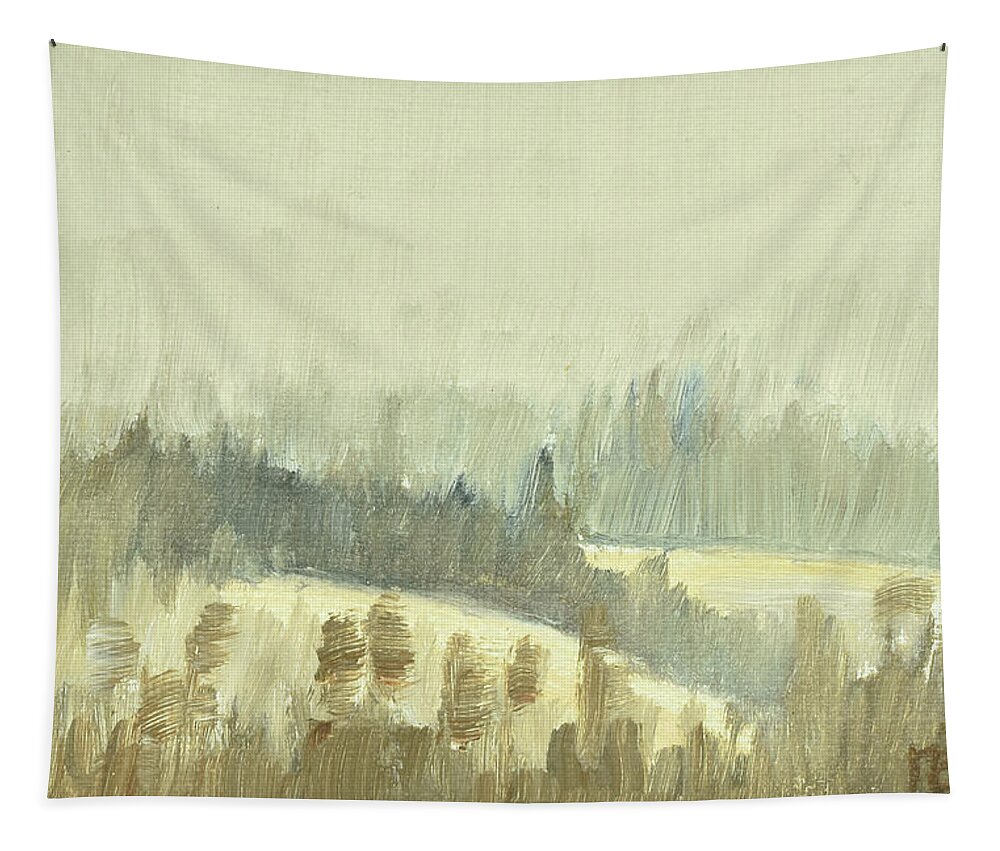 Dimma Tapestry featuring the painting Hoestdimma oever Saelen Autumn mist over Saelen 4 of 5_50x70 cm by Marica Ohlsson