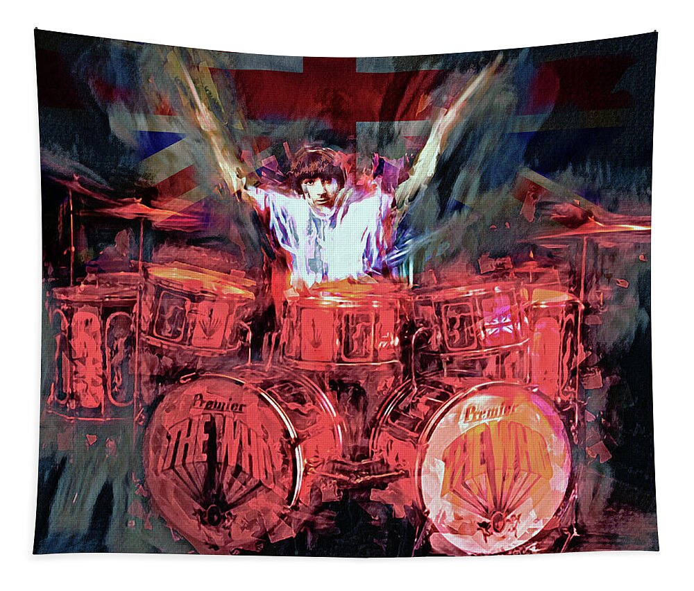 Keith Moon Tapestry featuring the mixed media Keith Moon #1 by Mal Bray
