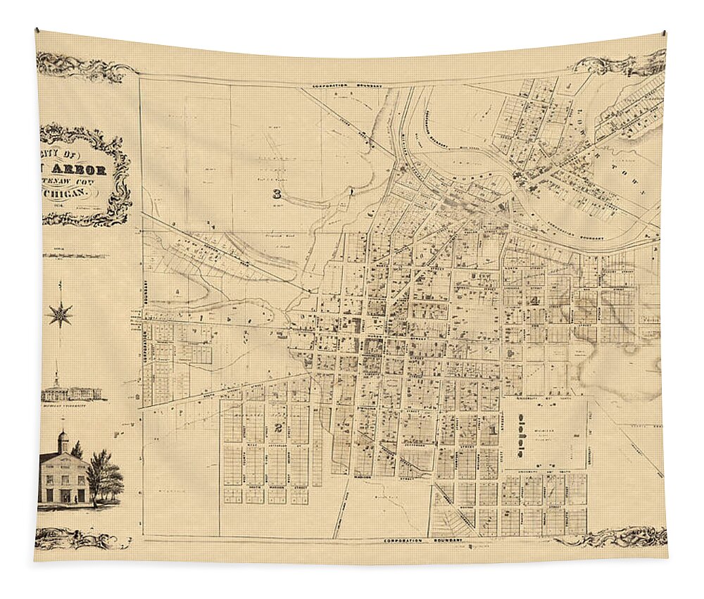 Map Of Ann Arbor Tapestry featuring the photograph Map Of Ann Arbor 1854 #1 by Andrew Fare