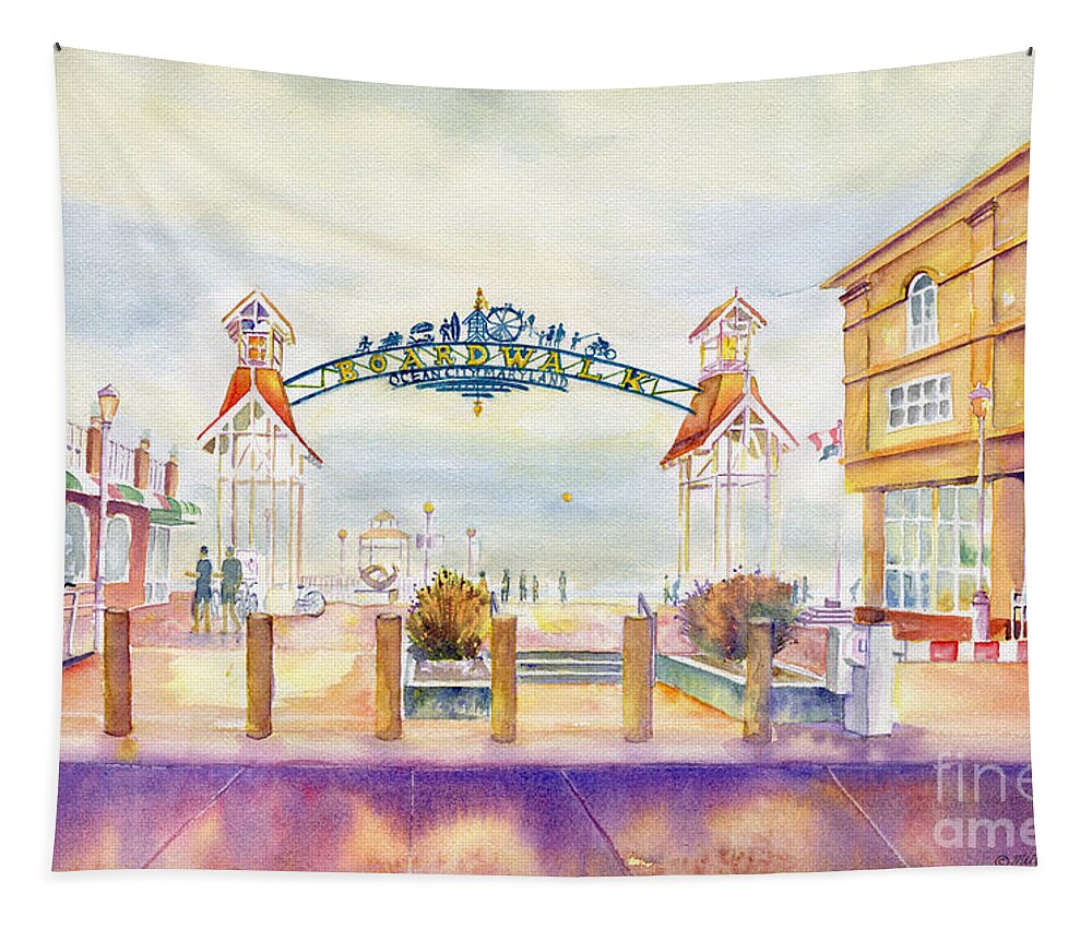 Ocean City Boardwalk Tapestry featuring the painting Ocean City Boardwalk Maryland by Melly Terpening