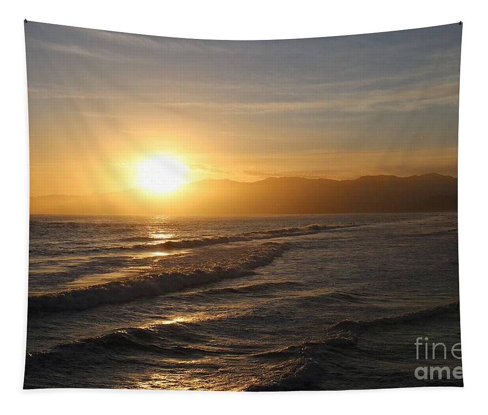Sunset Tapestry featuring the photograph Pacific Sunset , Santa Monica, California #1 by John Shiron