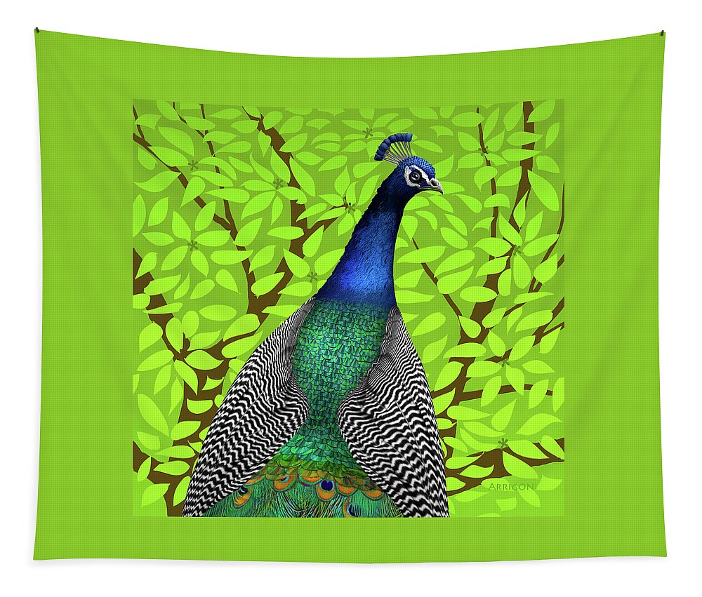 Peacock In Tree Tapestry featuring the painting Peacock in Tree, Lime Green, Square by David Arrigoni