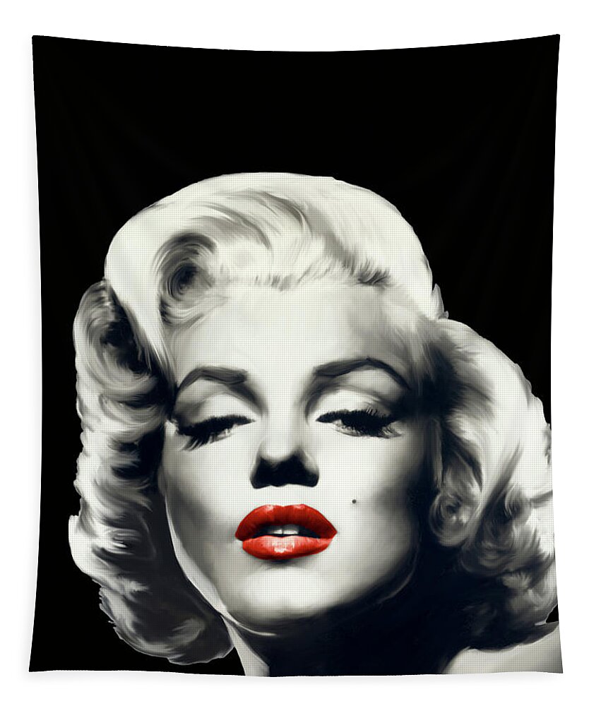 Fashion Tapestry featuring the painting Red Lips Marilyn In Black #1 by Chris Consani