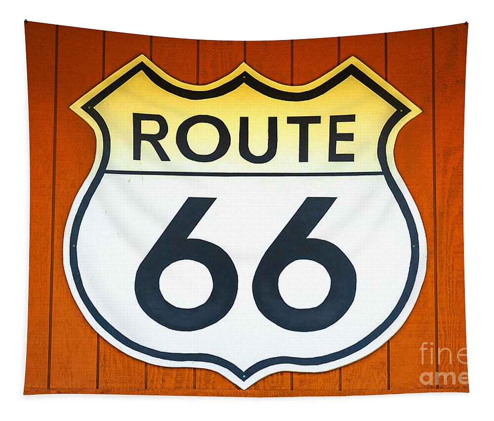 Route 66 Tapestry featuring the photograph Route 66 wooden background #1 by Benny Marty