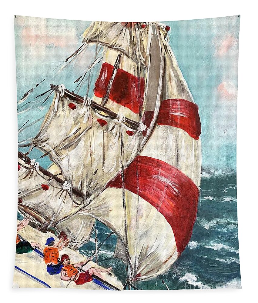 Sailing Ship Boat Ocean Wave Sailers Blue Sky Seascape Miroslaw Chelchowski Acrylic On Canvas Painting Sail Cloth Red White Print Tapestry featuring the painting Sailing #1 by Miroslaw Chelchowski