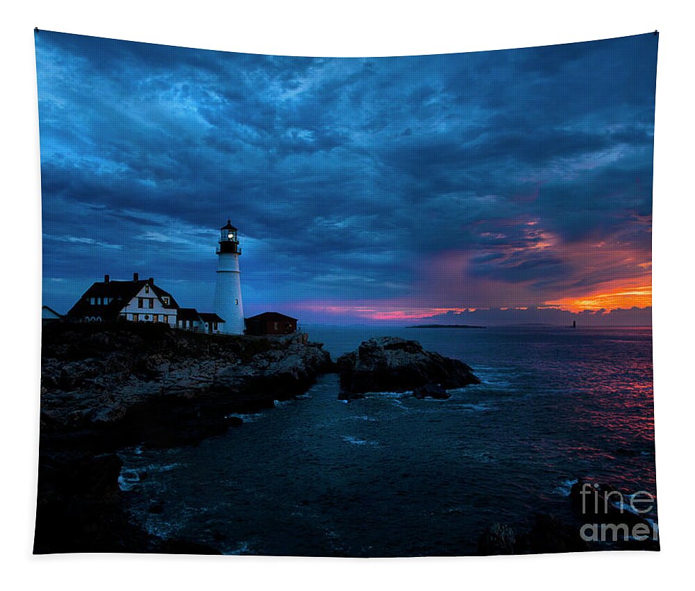 Lighthouse Tapestry featuring the photograph Sunrise at Portland Head Light #1 by Diane Diederich