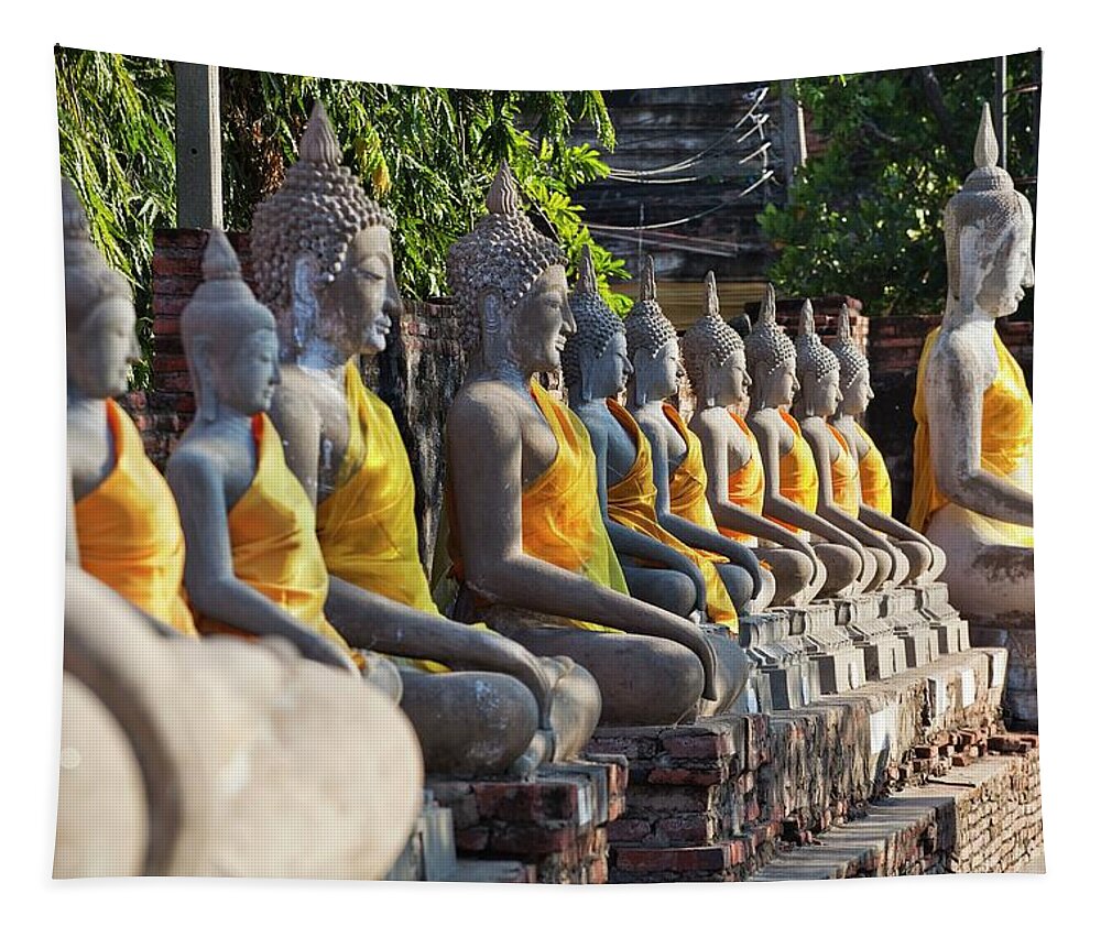 Estock Tapestry featuring the digital art Thailand, Central Thailand, Ayutthaya, Wat Yai Chai Mongkol, Buddha Statues #1 by Luigi Vaccarella