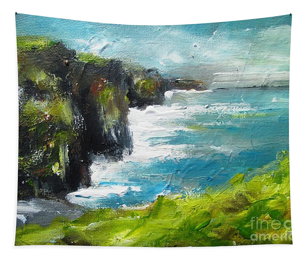 Moher Cliffs Tapestry featuring the painting Painting Of The Cliffs Of Moher County Clare Ireland by Mary Cahalan Lee - aka PIXI
