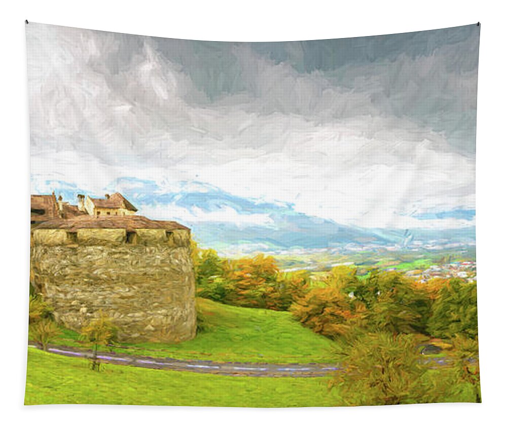 Architecture Tapestry featuring the digital art Vaduz Castle, Leichtenstein by Rick Deacon