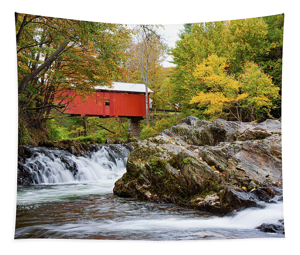 Slaughterhouse Covered Bridge Tapestry featuring the photograph Vermont covered bridge in autumn #1 by Jeff Folger
