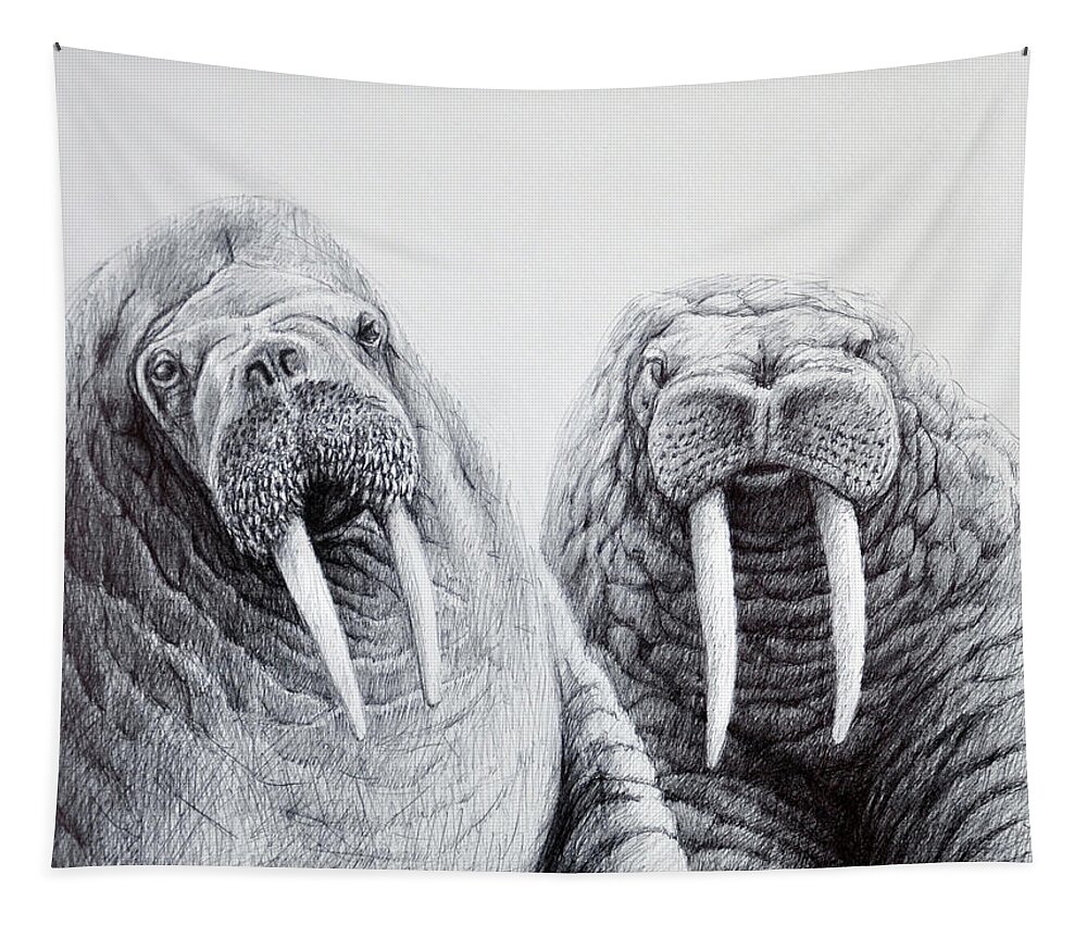 Animal Tapestry featuring the drawing Walrus Buddies by Rick Hansen