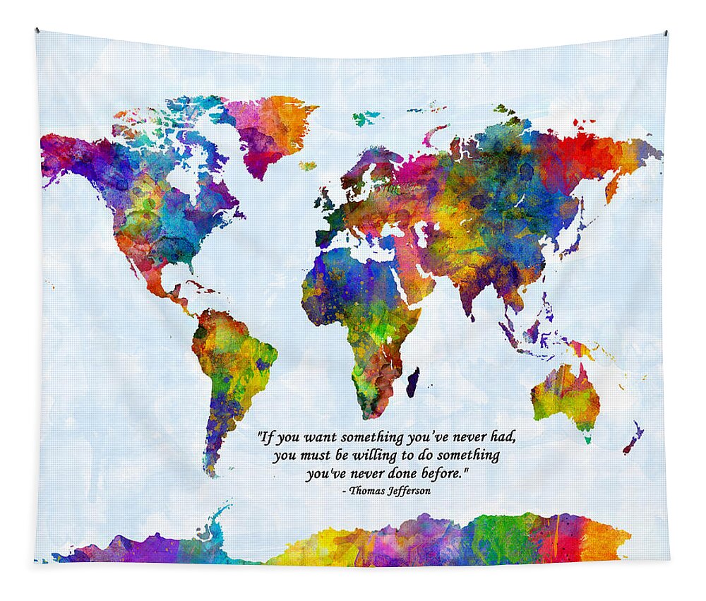 World Map Tapestry featuring the digital art Watercolor World Map Custom Text Added #1 by Michael Tompsett