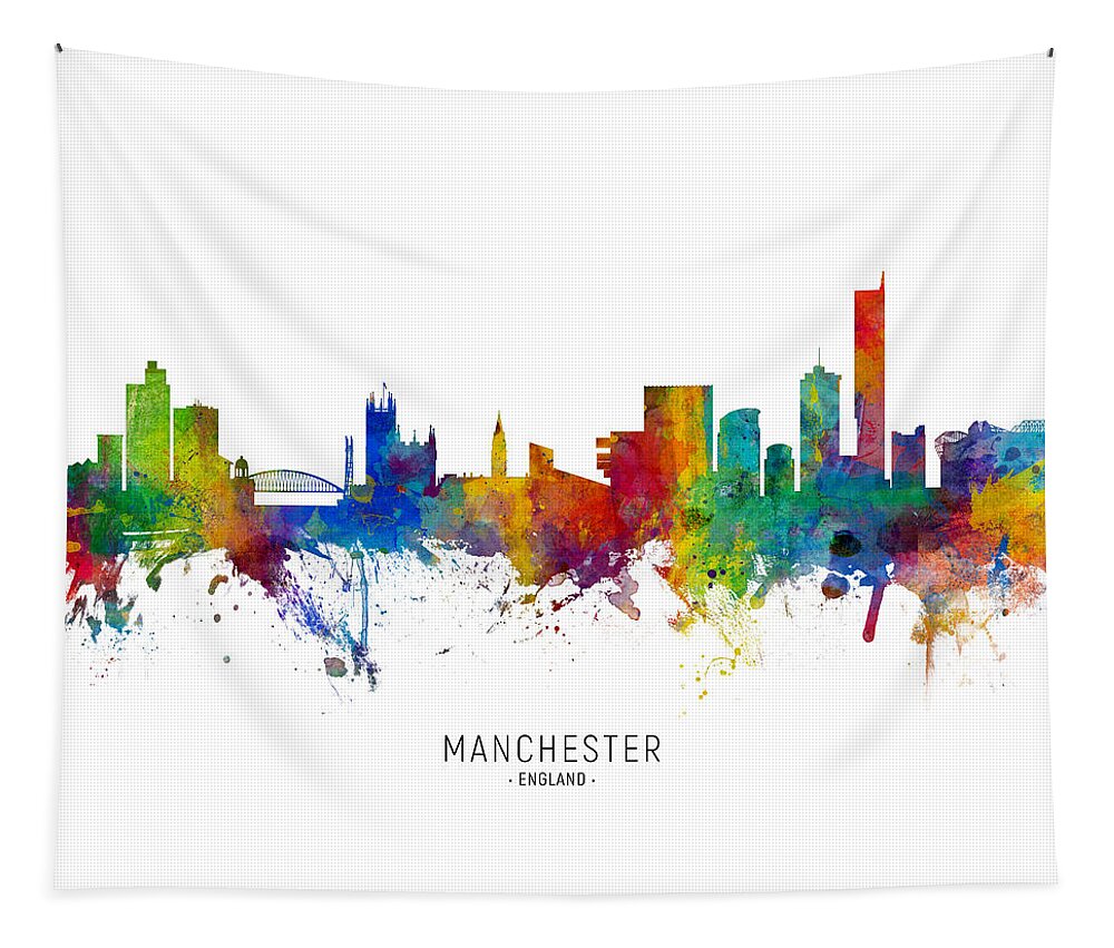 Manchester Tapestry featuring the digital art Manchester England Skyline #16 by Michael Tompsett