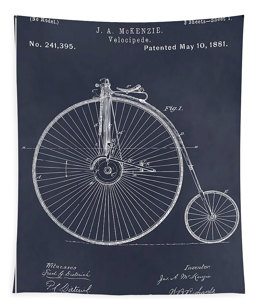 1881 J. A. Mckenzie Velocipede Bicycle Patent Print Tapestry featuring the drawing 1881 J. A. McKenzie Velocipede Bicycle Blackboard Patent Print by Greg Edwards