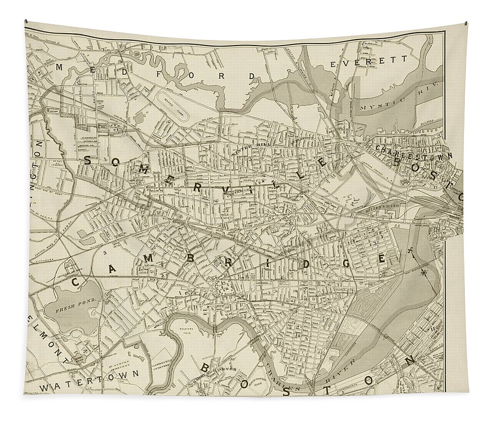 Somerville Tapestry featuring the photograph 1892 map of Somerville Cambridge Boston Medford Everett Charleston MA Massachusetts Sepia by Toby McGuire